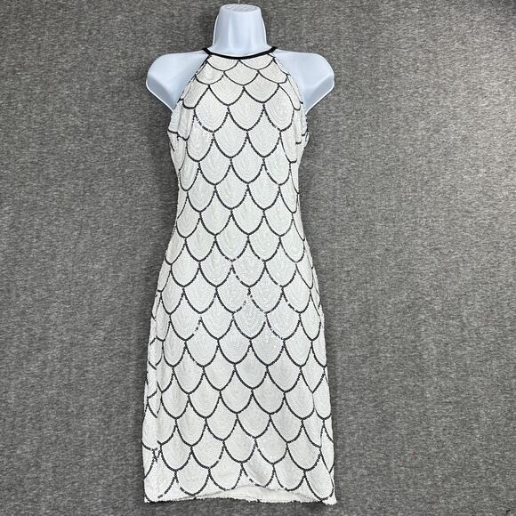 Cache Sequin Halter Dress Size 0 Scallop Flapper Style White Black - Picture 1 of 6